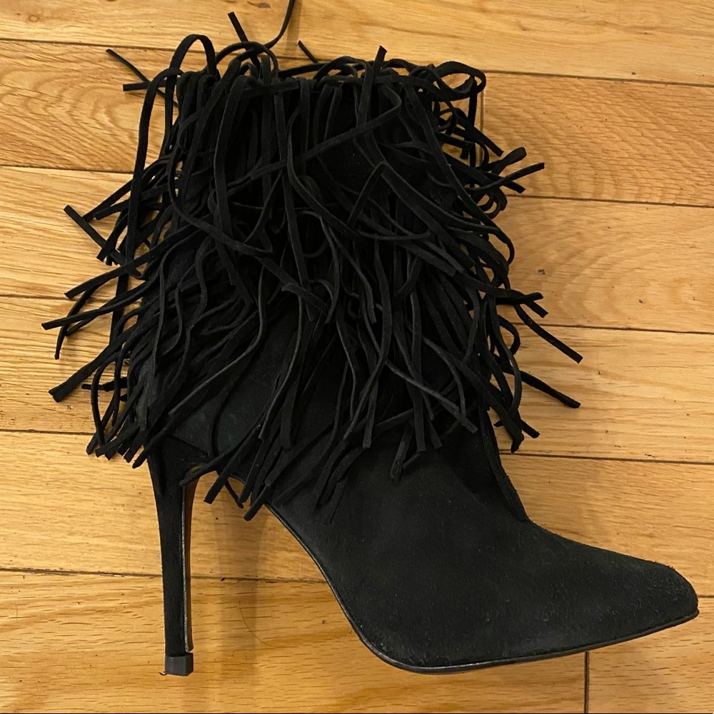 Zara Black Suede High Heel Bootie with Fringes Size 5.5/36EU